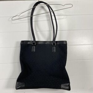 Talbots Tote Bag Womens Black Shoulder Bag Leather Trim Logo Monogram Handbag